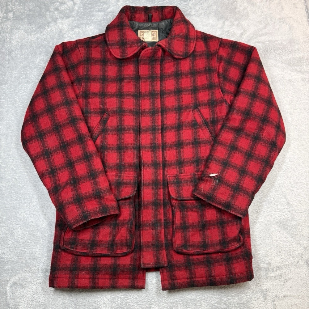 Vintage Woolrich Wool Jacket Men Medium Tall Red Black Buffalo‎ Plaid USA READ
